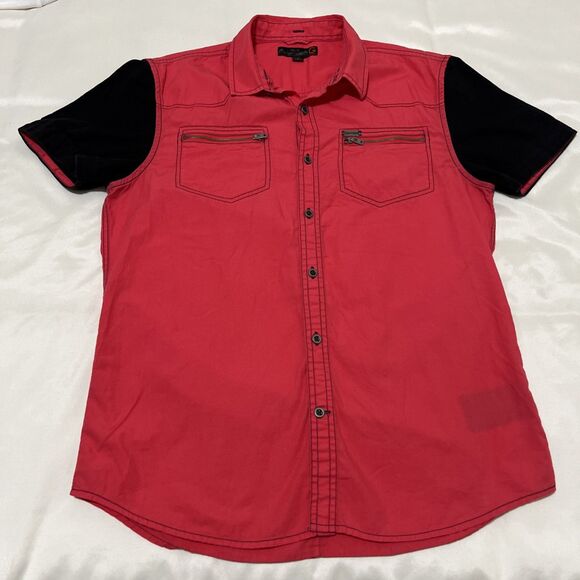 GUESS Button Up Shirt Color Block Pink Black 90s Top Metal Zipper Pockets M - Picture 7 of 14